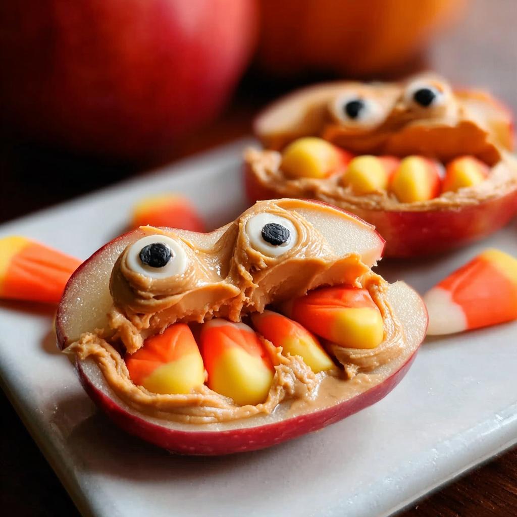 Close-up of fun Apple Monster Bites made with apple slices, peanut butter, candy corn, and candy eyes.
