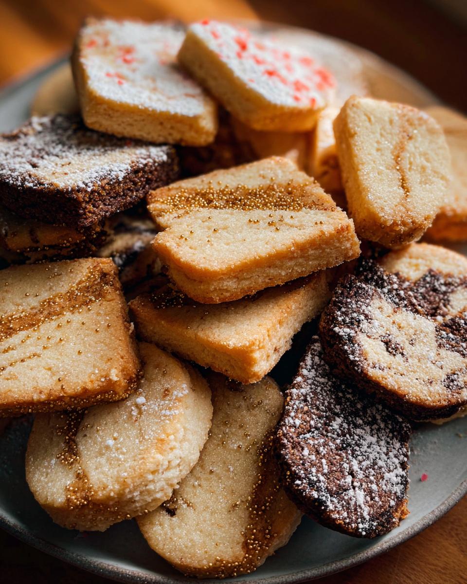 A close-up of assorted shortbread cookies, many featuring gold dust or sprinkles, piled on a plate.