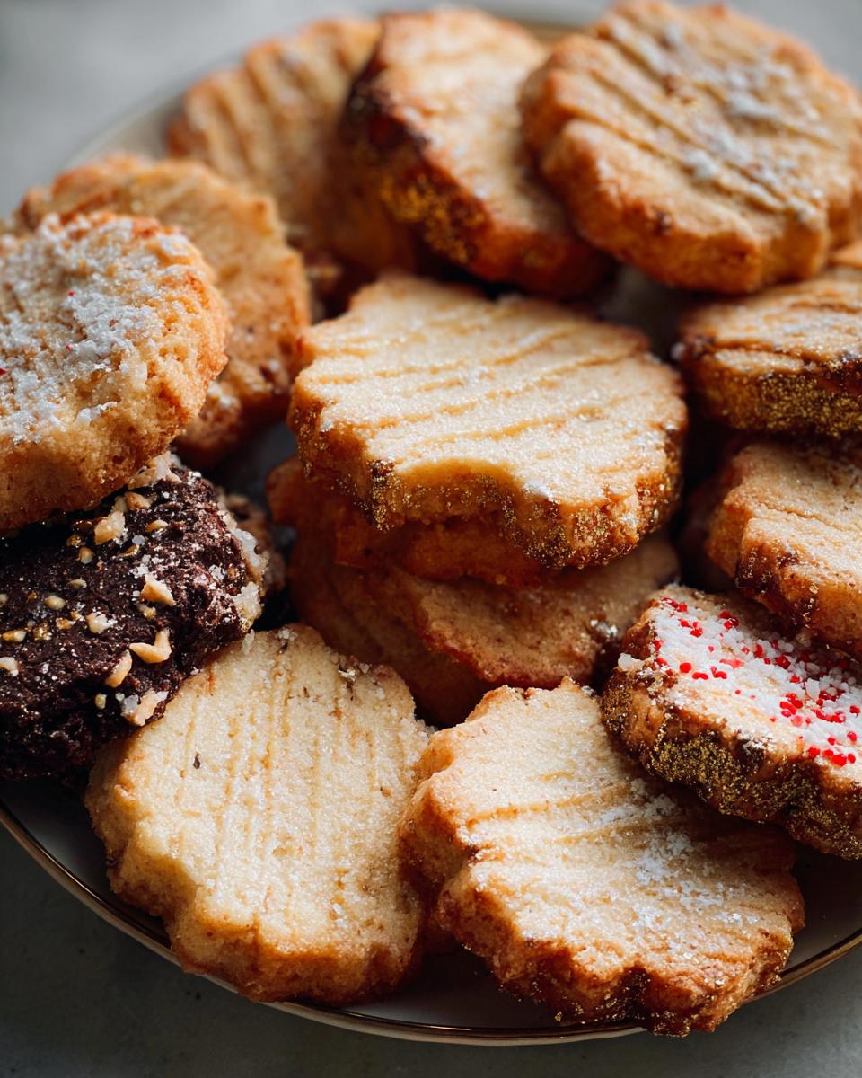 A close-up of assorted Gold-Dusted Shortbread cookies, some plain, some with sugar, and one chocolate variety.