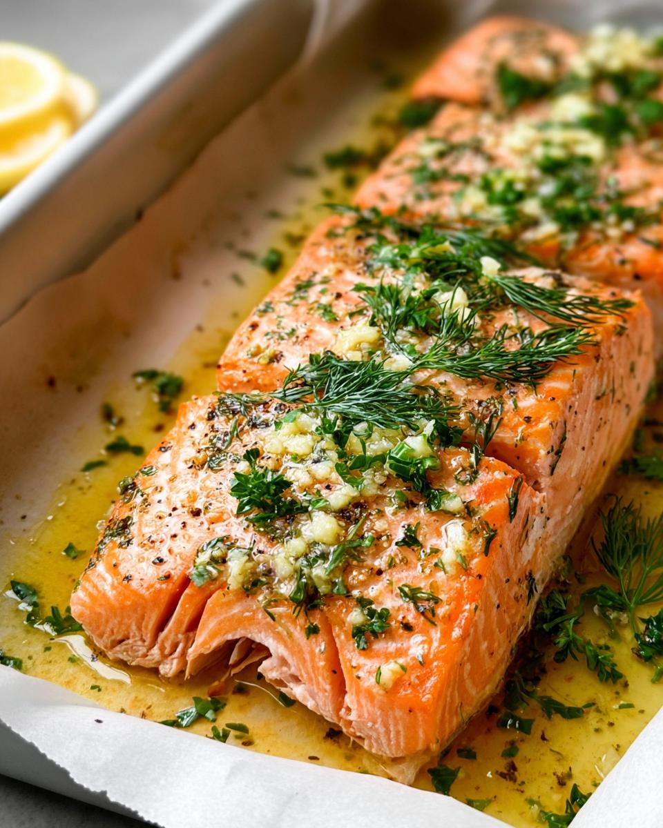 Close-up of three bake-from-frozen salmon fillets in a baking dish, topped with garlic, herbs, and lemon.