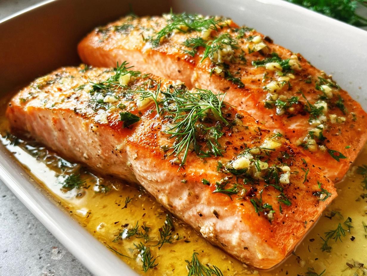 Two perfectly cooked fillets of bake-from-frozen salmon, glistening with a garlic-herb butter sauce and fresh dill.
