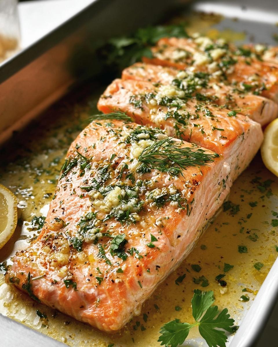 Close-up of perfectly baked salmon fillets, seasoned with garlic and herbs, in a baking dish with lemon wedges.