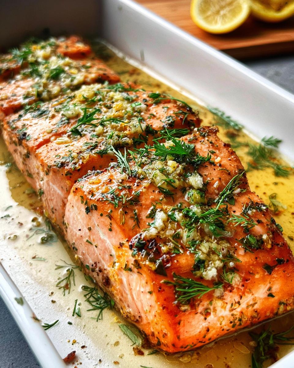 Close-up of a large fillet of bake-from-frozen salmon topped with garlic and fresh herbs in a white baking dish.