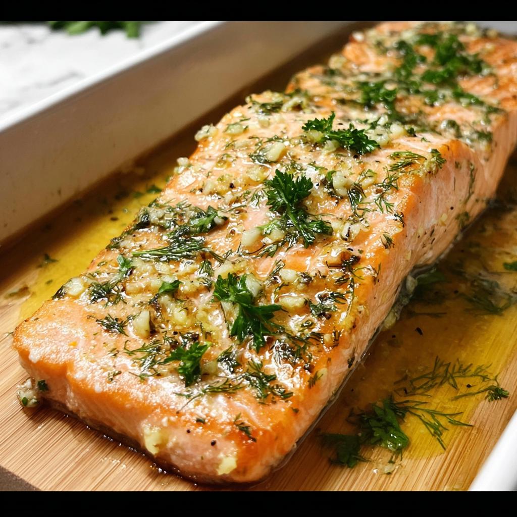 A close-up of a perfectly baked salmon fillet, glistening with butter, garlic, and fresh herbs.