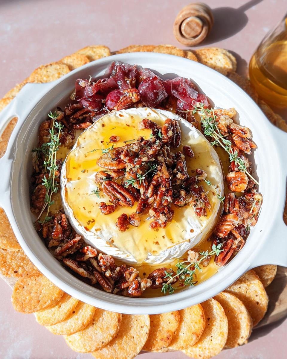 A round of Baked Brie with Honey and Pecans, drizzled with honey and garnished with thyme, served with crackers.