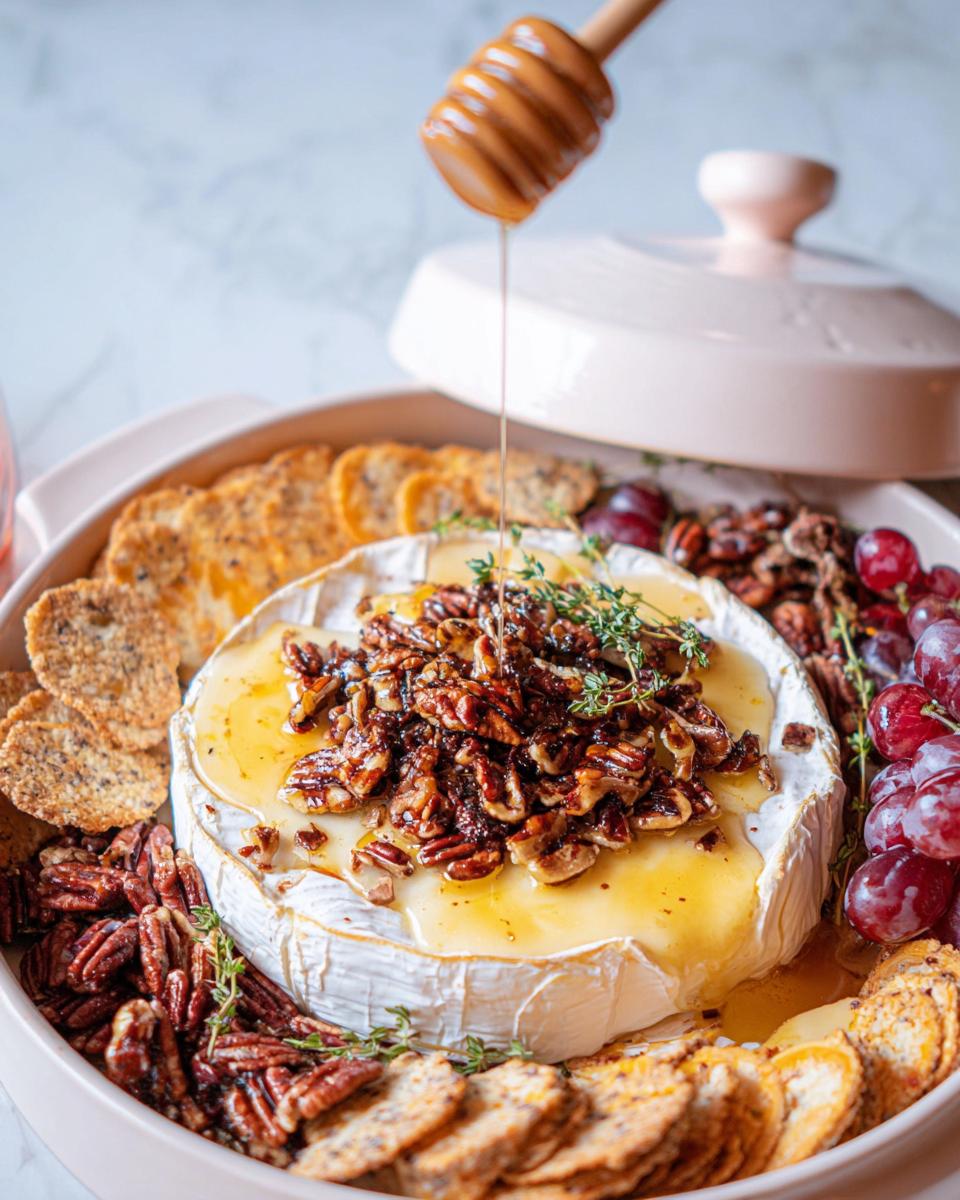 A wheel of warm Baked Brie with Honey and Pecans being drizzled with honey from a dipper, served with crackers and grapes.