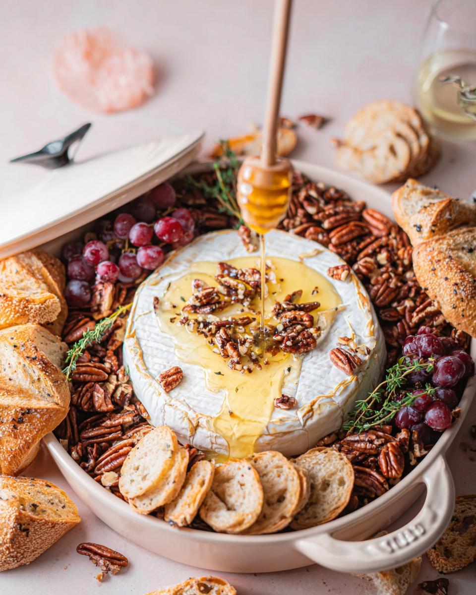 A wheel of Baked Brie with Honey and Pecans being drizzled with honey from a dipper, surrounded by pecans and bread.