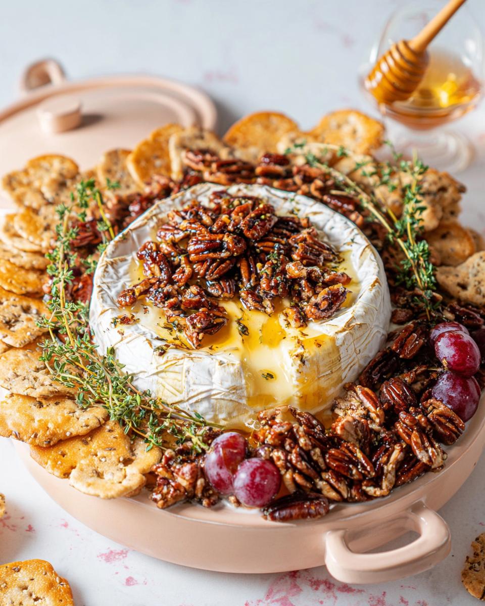 A wheel of warm Baked Brie with Honey and Pecans, surrounded by crackers and grapes.