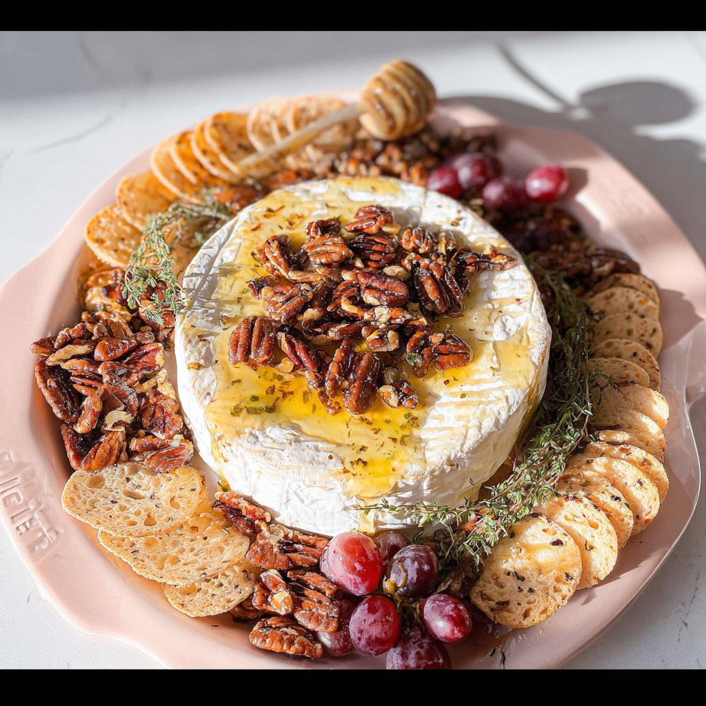 A wheel of Baked Brie with Honey and Pecans, drizzled with honey and topped with pecans, served on a platter with crackers and grapes.