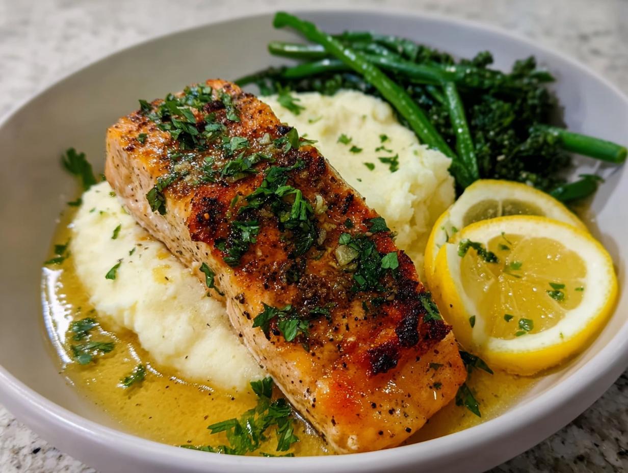 A perfectly cooked fillet of Baked Lemon Garlic Salmon served over mashed potatoes with green vegetables and lemon slices.