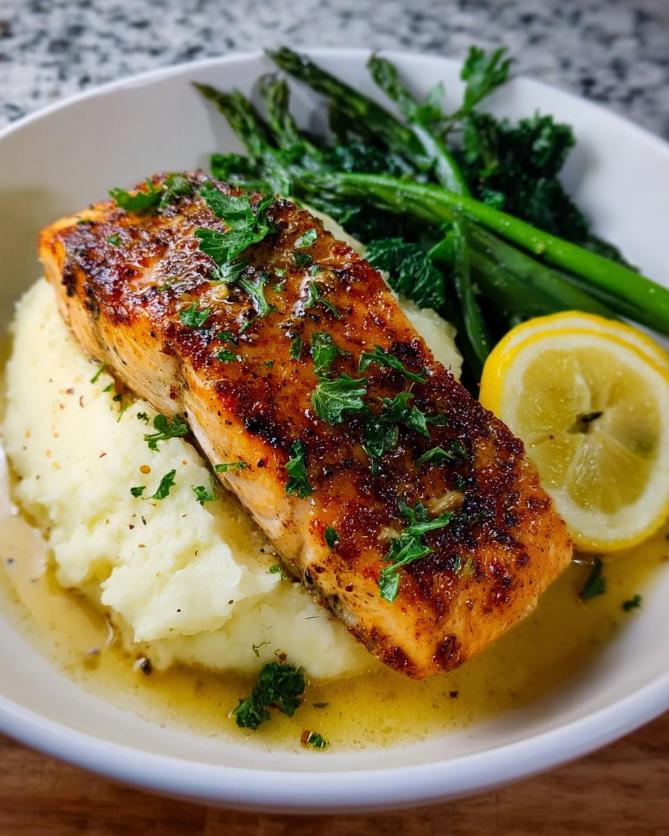 A perfectly cooked fillet of Baked Lemon Garlic Salmon served over mashed potatoes with asparagus and a lemon slice.