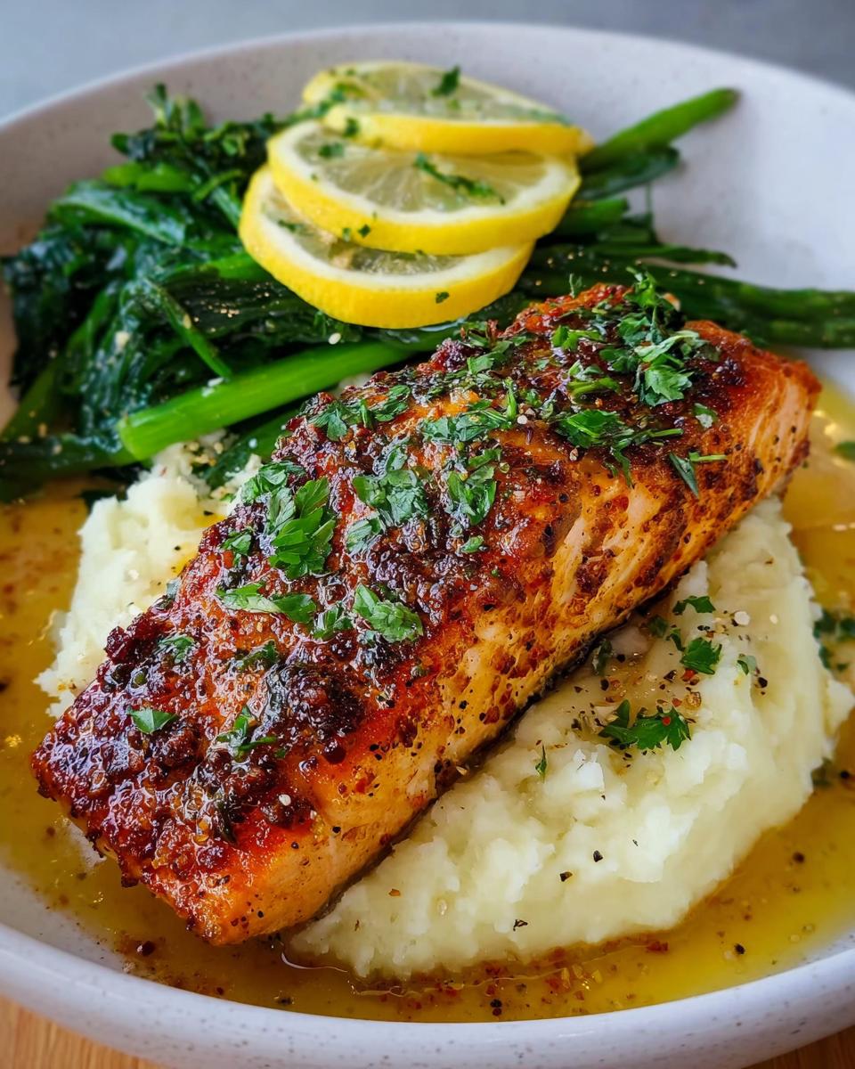 A beautifully plated Baked Lemon Garlic Salmon fillet served over mashed potatoes with lemon slices.