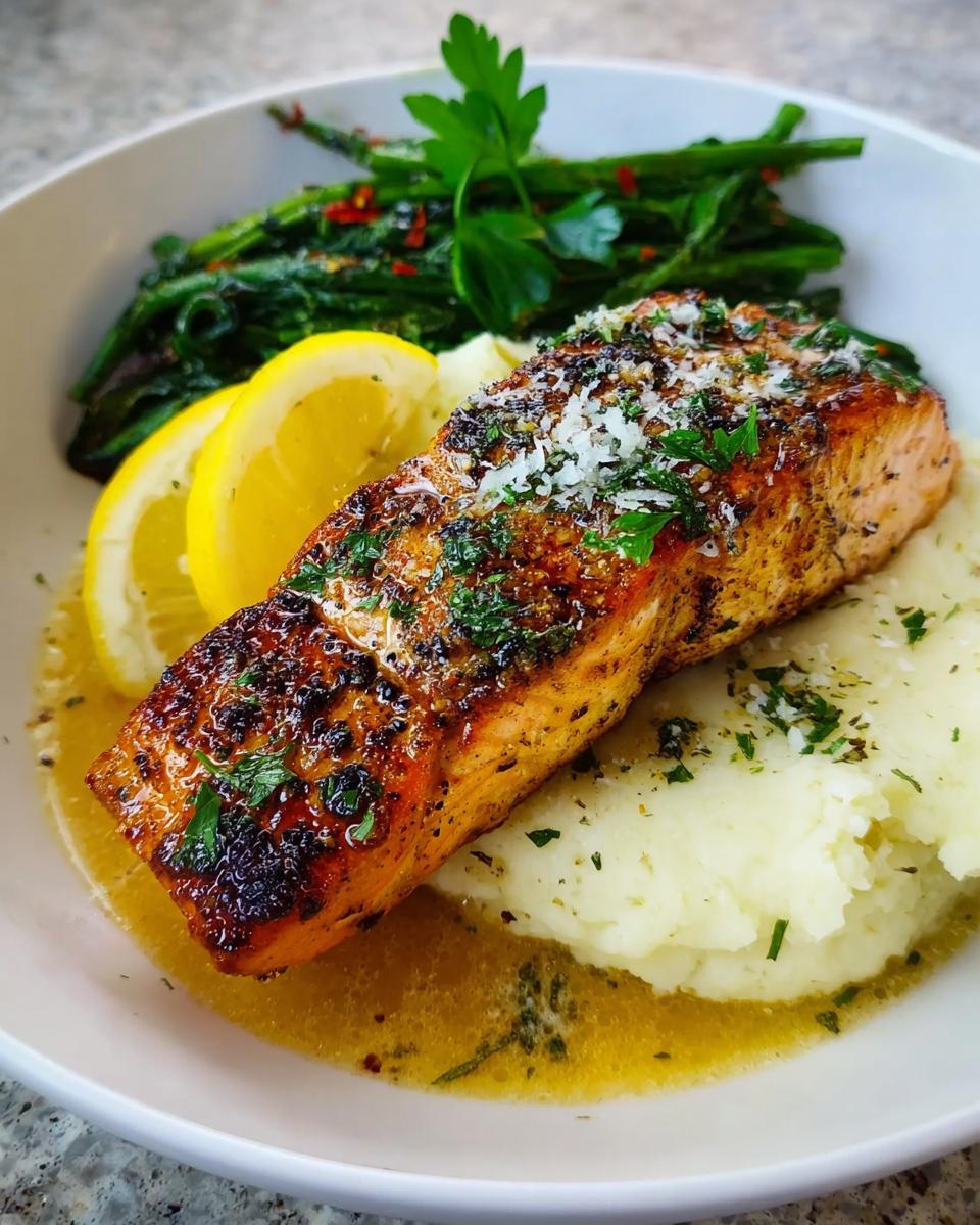 A close-up of a golden Baked Lemon Garlic Salmon fillet served over mashed potatoes with greens.