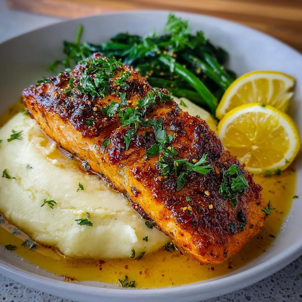 A perfectly cooked fillet of Baked Lemon Garlic Salmon served over mashed potatoes with greens and lemon slices.