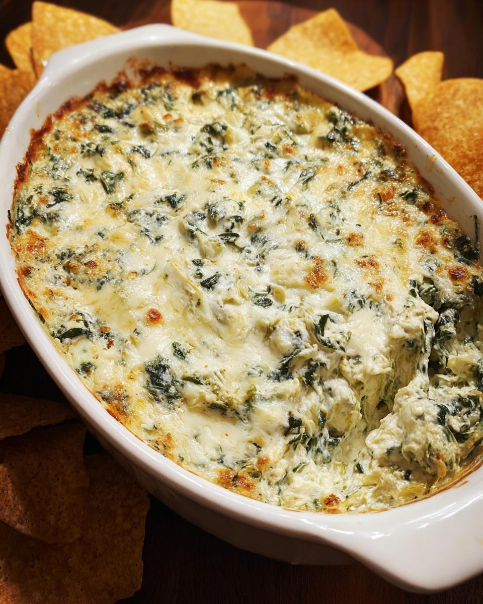 A close-up of hot Baked Spinach Artichoke Dip, creamy and cheesy, served in a white oval dish surrounded by tortilla chips.