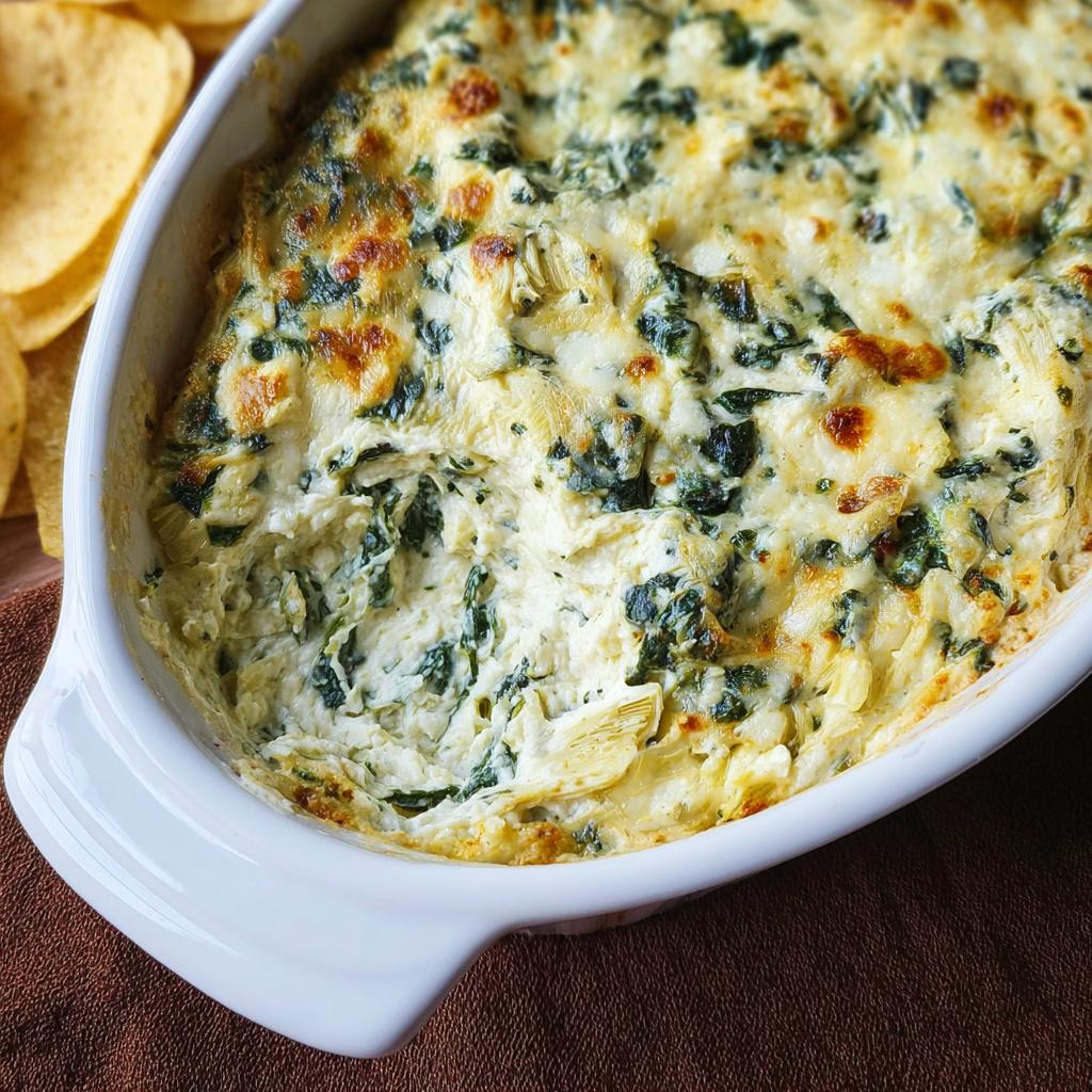 Close-up of hot Baked Spinach Artichoke Dip with a scoop taken out, served with tortilla chips nearby.