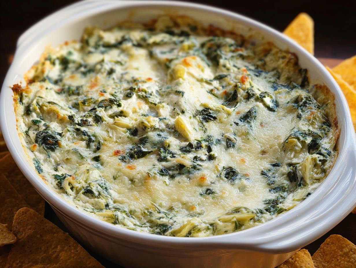 A close-up of hot Baked Spinach Artichoke Dip, creamy and bubbly with melted cheese, served in a white oval baking dish.