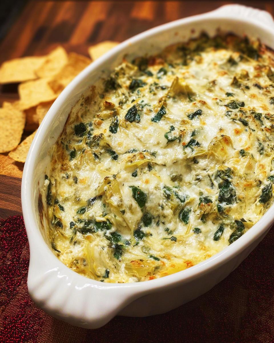 Close-up of creamy, hot Baked Spinach Artichoke Dip bubbling in a white oval baking dish with tortilla chips nearby.