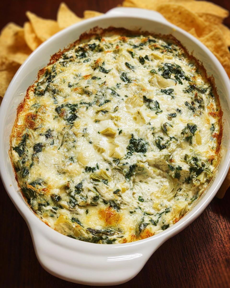 Close-up of a bubbling, cheesy Baked Spinach Artichoke Dip served hot in a white oval baking dish with tortilla chips nearby.
