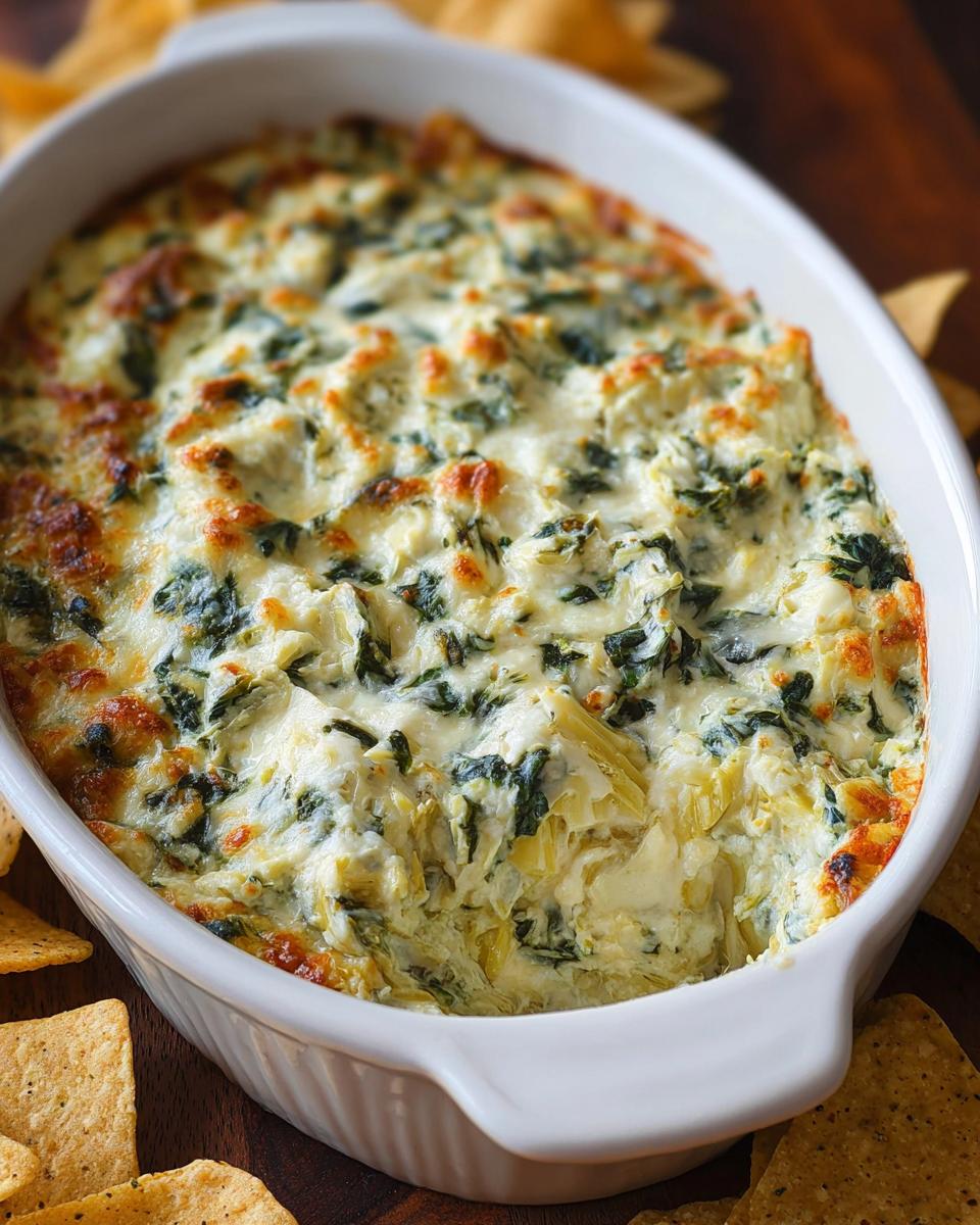 Close-up of hot Baked Spinach Artichoke Dip with browned cheese topping in a white oval baking dish, surrounded by tortilla chips.