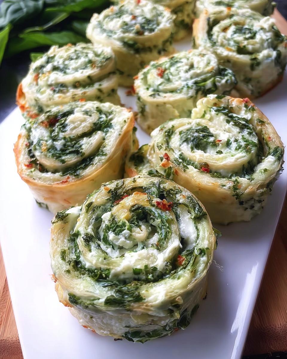A close-up of several baked Spinach Dip Pinwheels showing the creamy white filling swirled with bright green spinach.