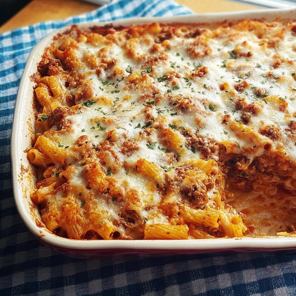 A close-up of a freshly baked ziti with ground beef, topped with melted, bubbly mozzarella cheese and parsley.