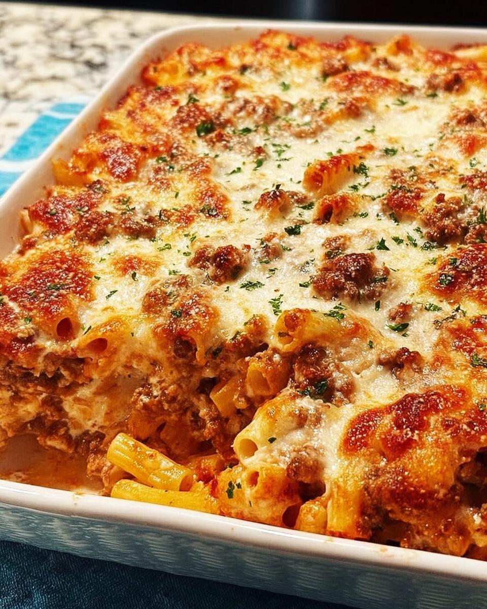 Close-up of a freshly baked Baked Ziti with Ground Beef, topped with melted, browned cheese and parsley.