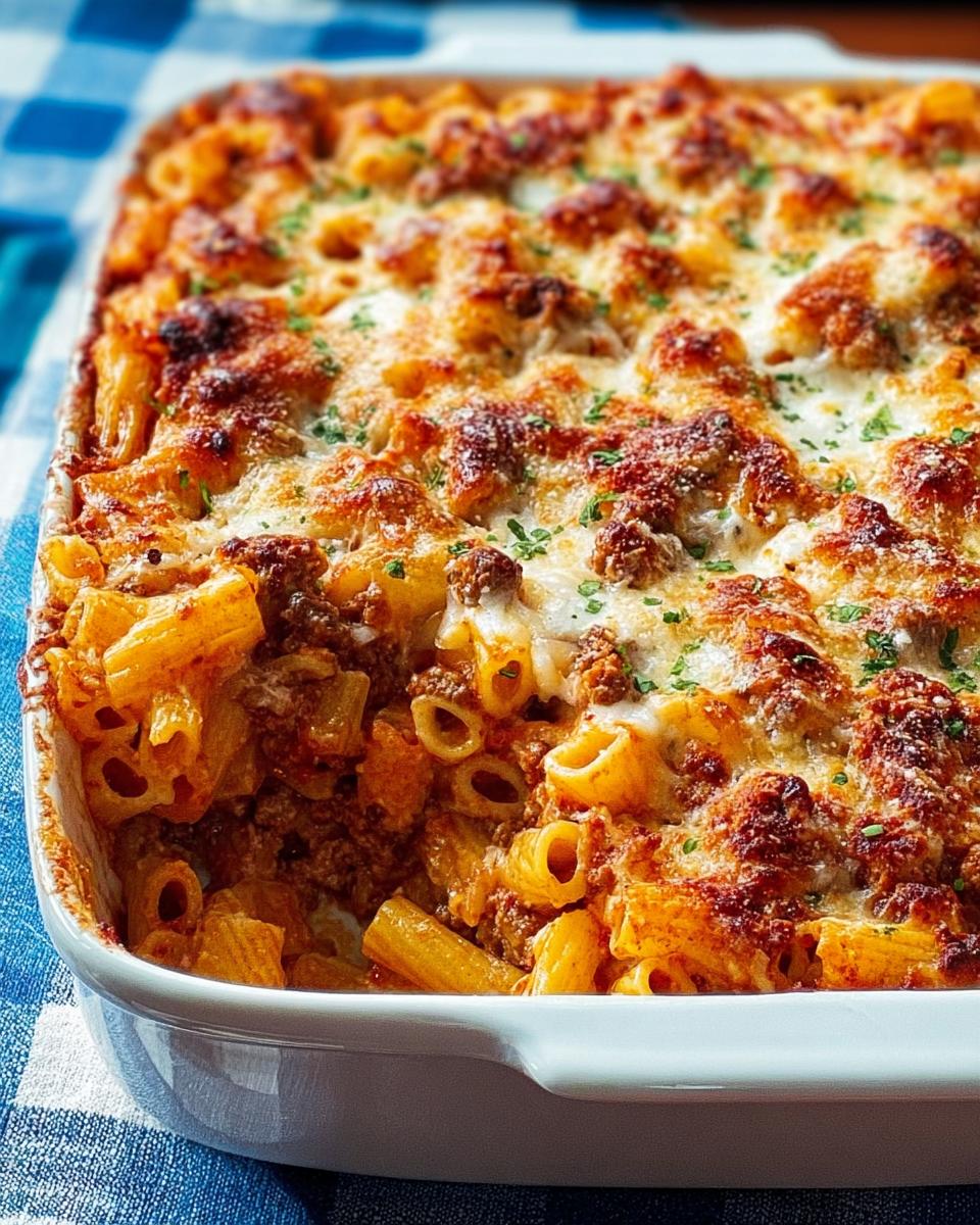 Close-up of a white baking dish filled with golden-brown Baked Ziti with Ground Beef, topped with melted, bubbly cheese.