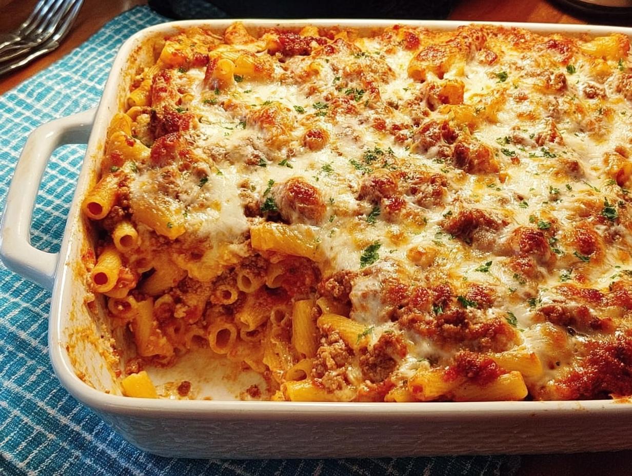A close-up of a white baking dish filled with cheesy Baked Ziti with Ground Beef, topped with melted mozzarella and parsley.