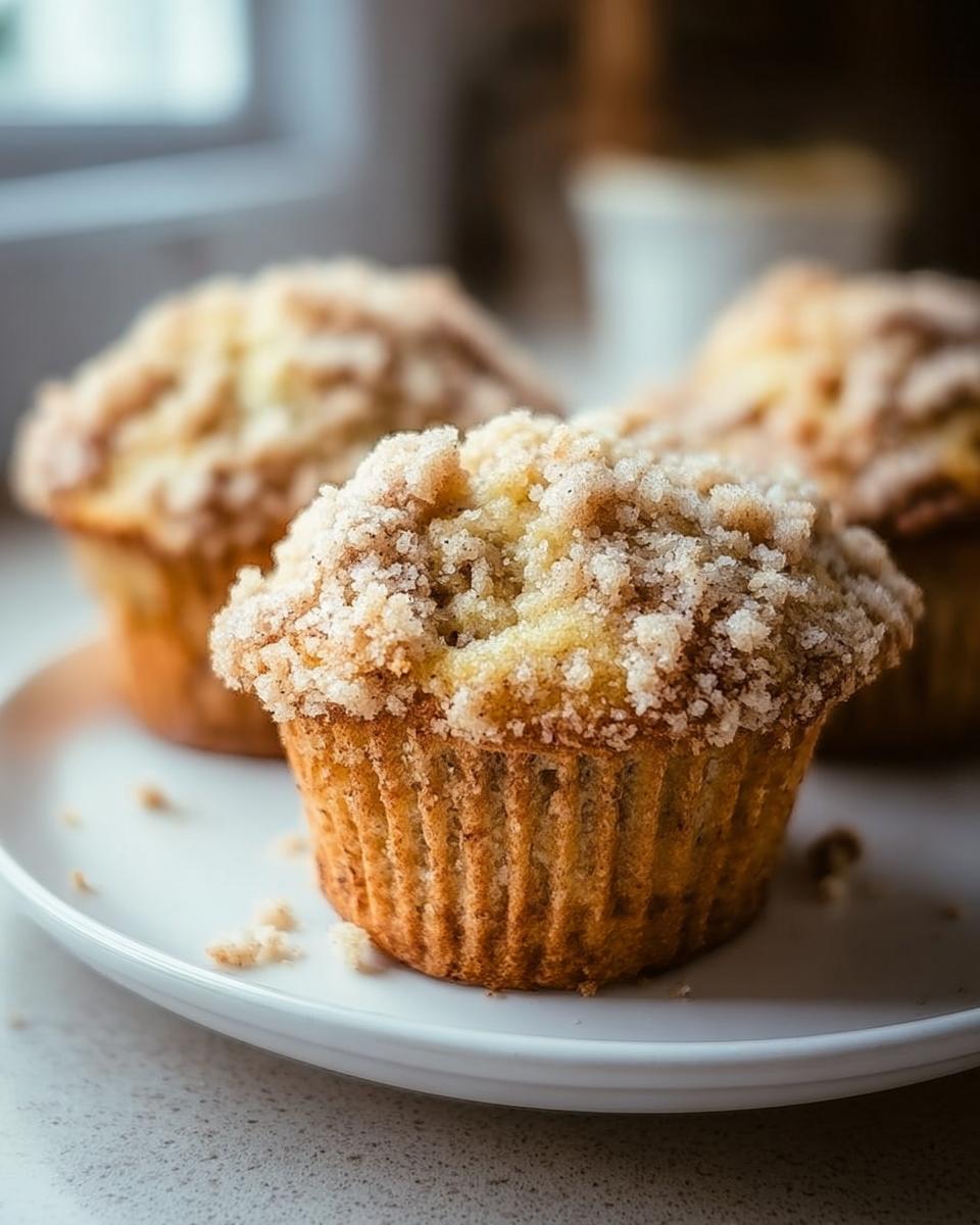Close-up of a freshly baked Bakery Style Banana Muffins topped with a thick, sugary crumb topping, resting on a white plate.