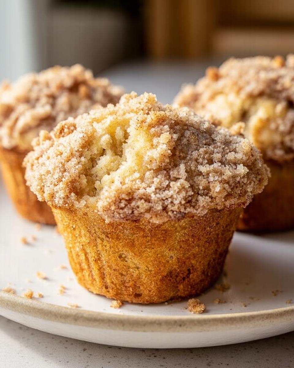 Close-up of a moist Bakery Style Banana Muffins featuring a thick, sugary crumb topping.