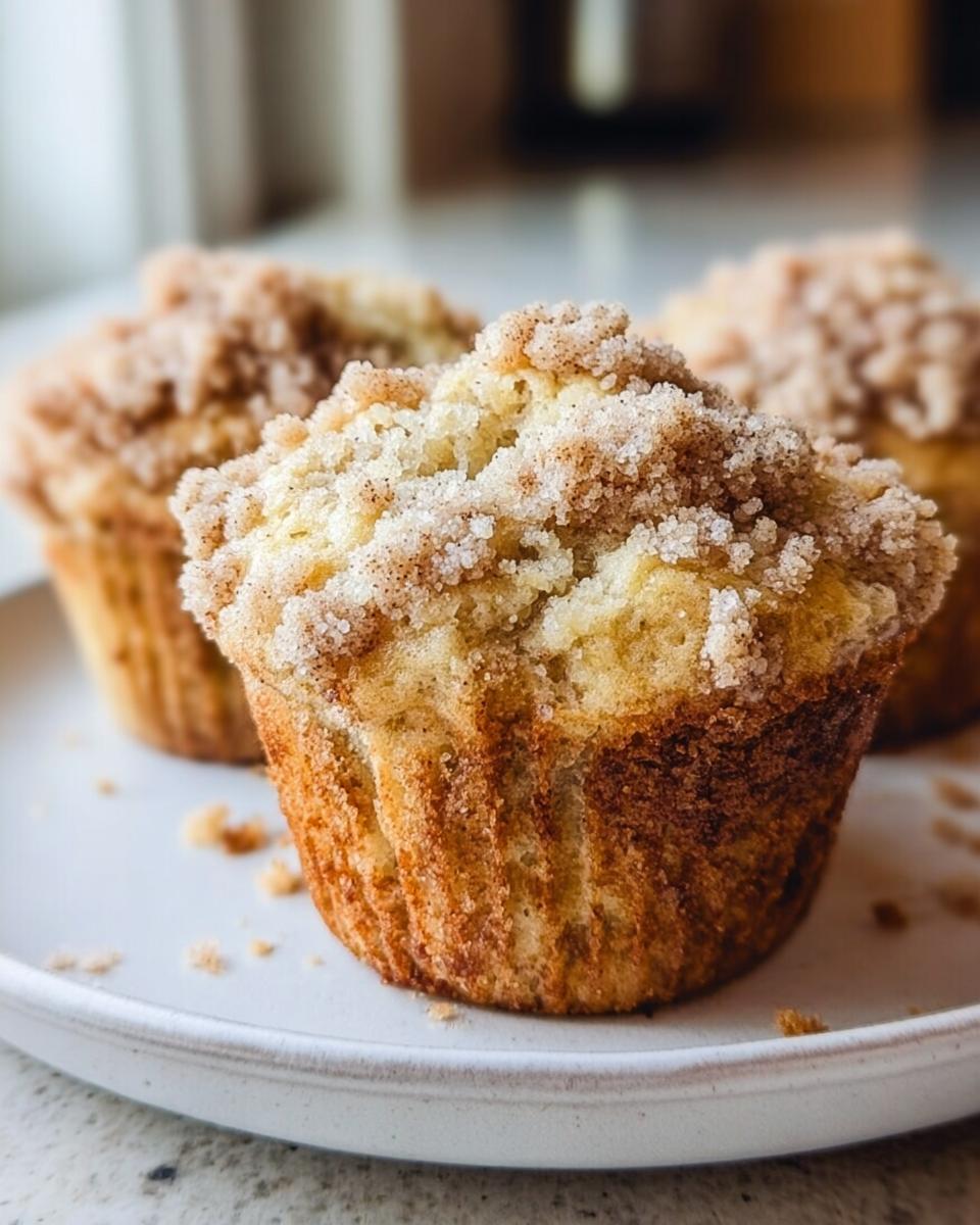 Close-up of a bakery style Banana Muffins featuring a thick, sugary cinnamon crumb topping.