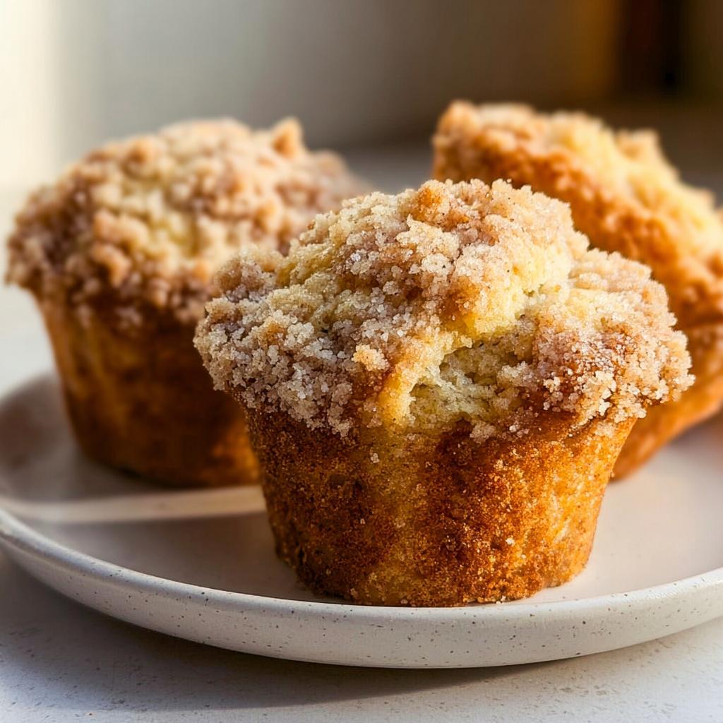 Close-up of three bakery style Banana Muffins featuring a thick, sugary crumb topping on a light plate.