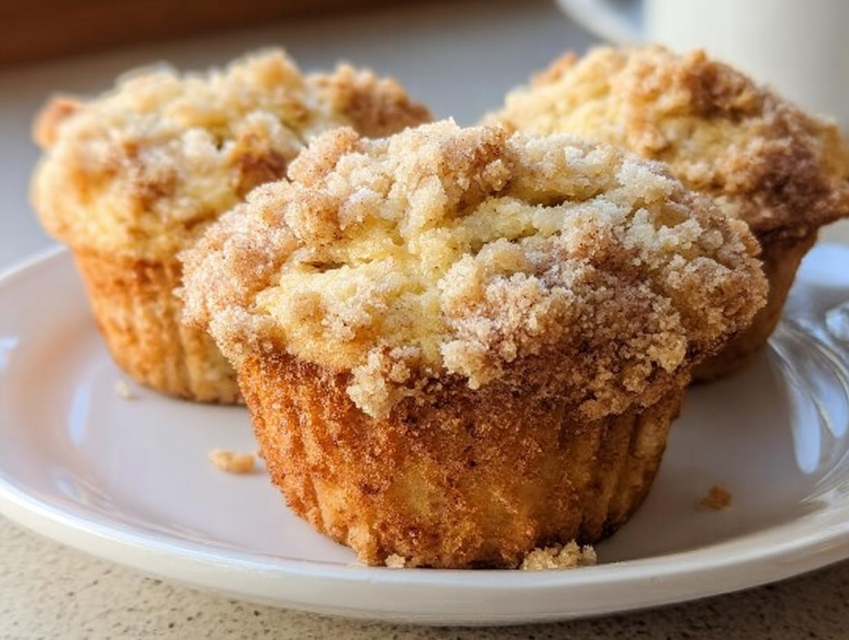 Three golden-brown Bakery Style Banana Muffins with a generous cinnamon streusel topping on a white plate.