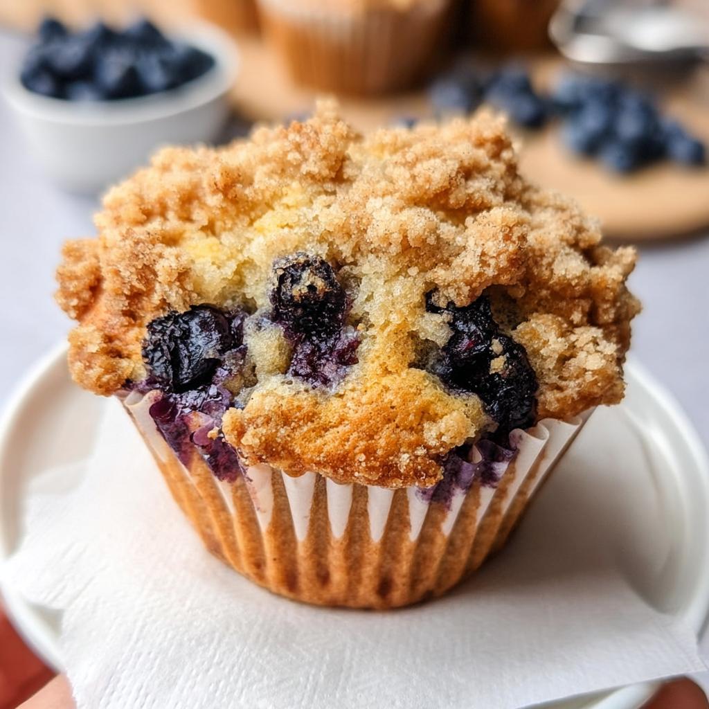 Close-up of a perfect Blueberry Muffin Like a Bakery with a thick, golden crumb topping and juicy blueberries.