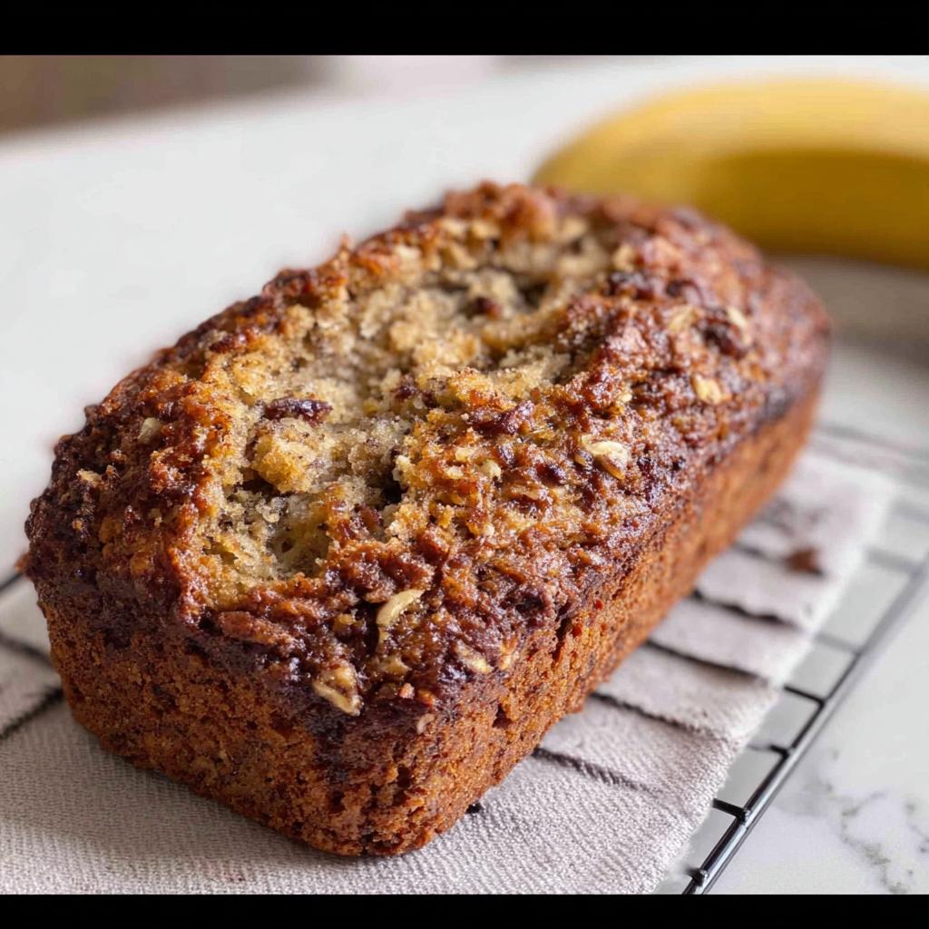 A golden brown, freshly baked loaf of Banana Bread Minis with a crunchy topping, resting on a wire rack.