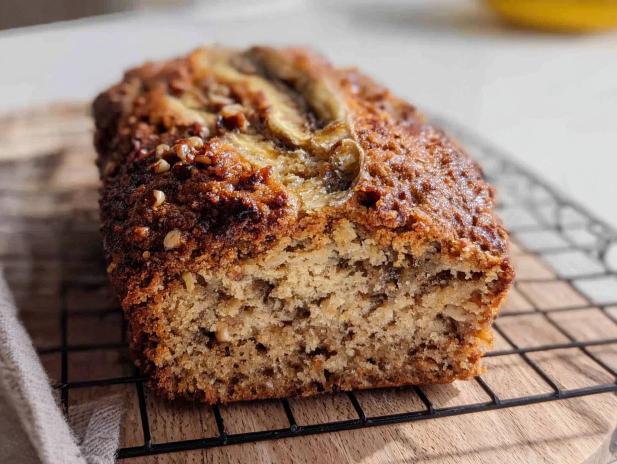 A close-up of a freshly baked loaf of Banana Bread Minis, topped with caramelized banana and chopped nuts, cooling on a rack.