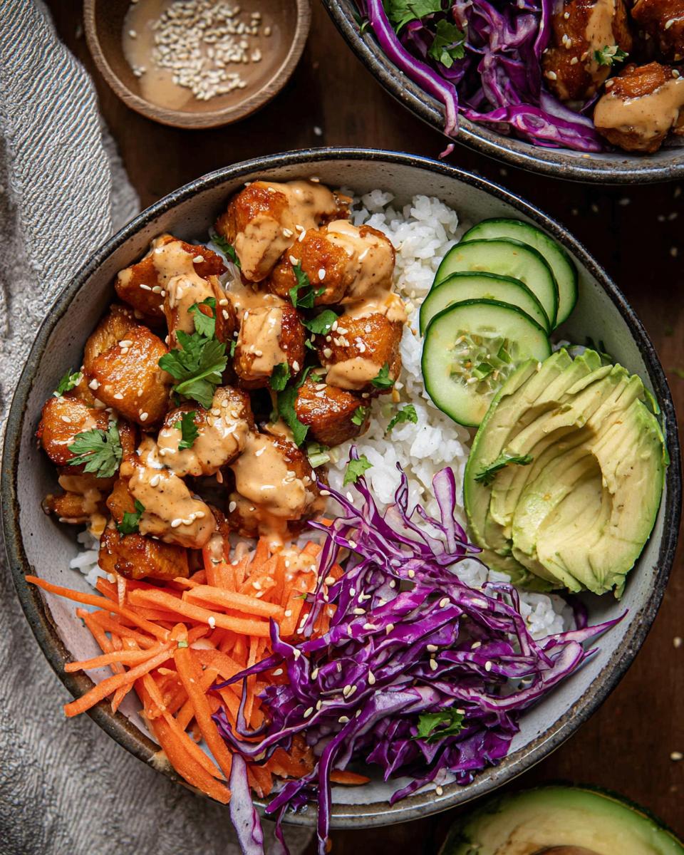 A close-up of a vibrant Bang Bang Chicken Bowl featuring crispy chicken drizzled with sauce over rice, topped with avocado, cucumber, carrots, and red cabbage.