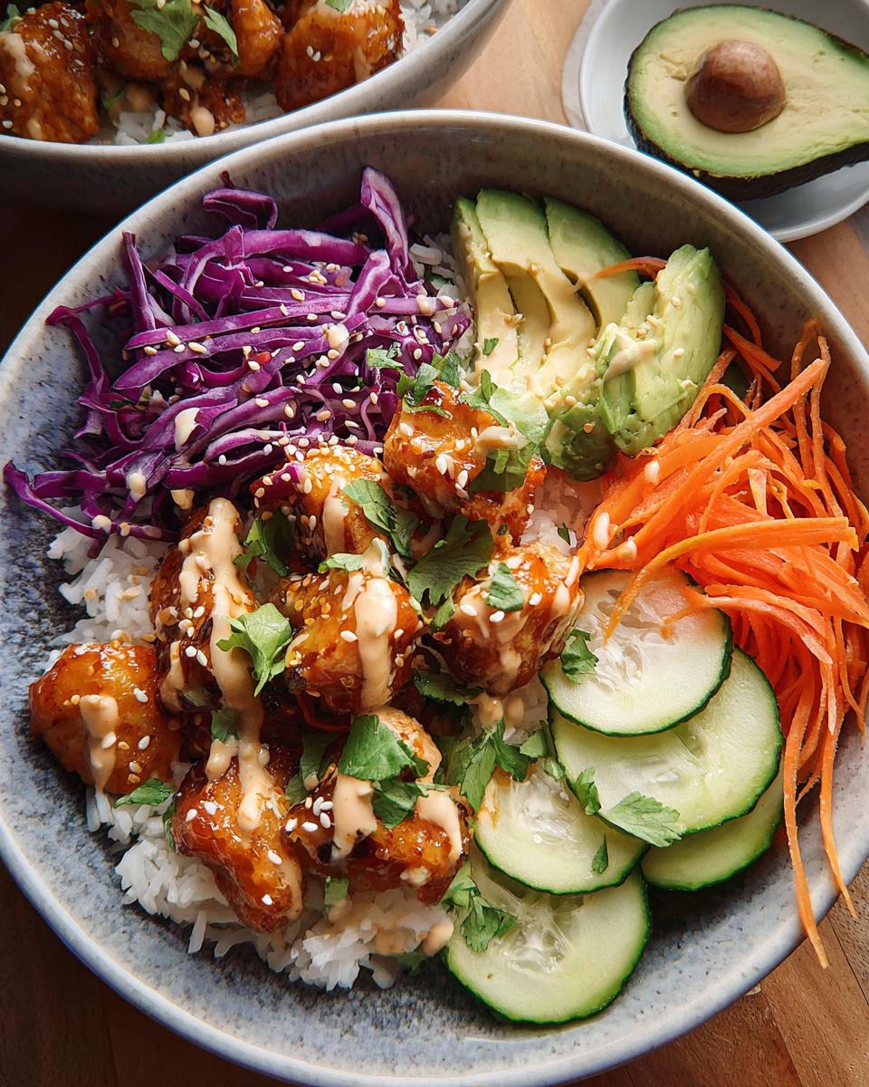A vibrant Bang Bang Chicken Bowl featuring crispy chicken drizzled with sauce over rice, topped with avocado, red cabbage, carrots, and cucumber.