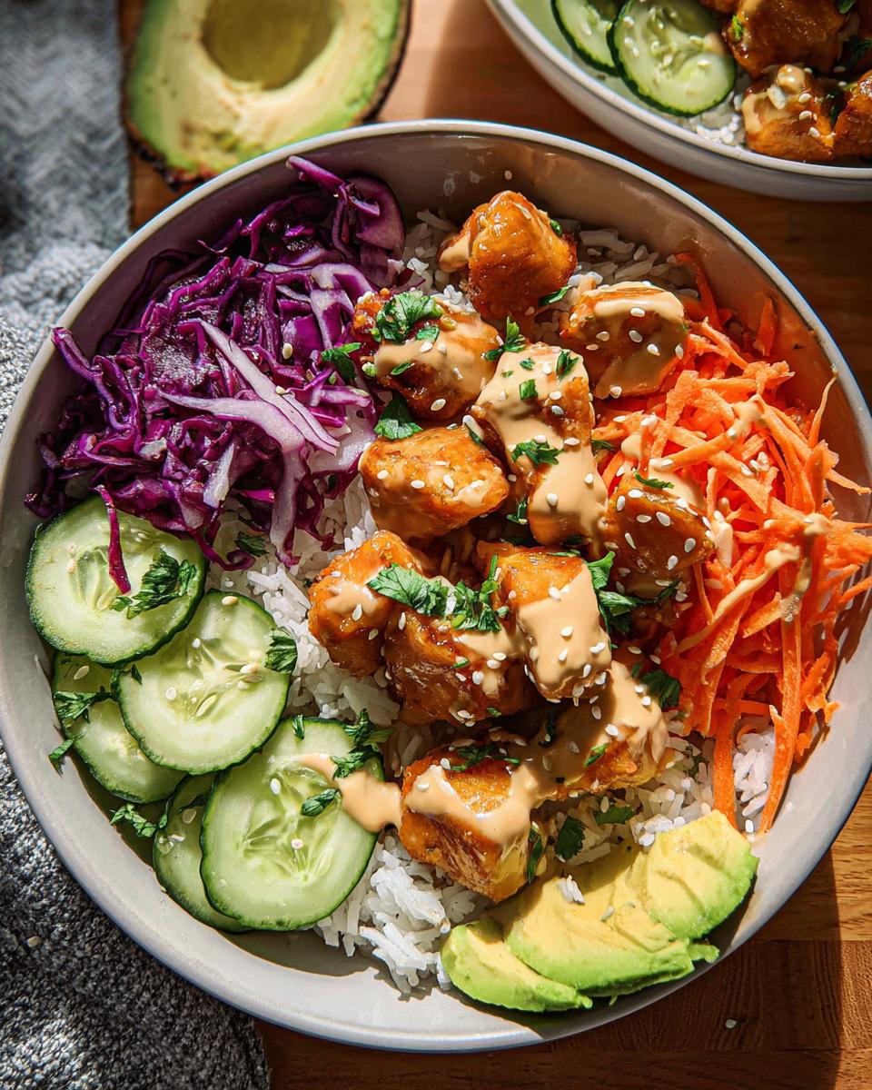 A vibrant Bang Bang Chicken Bowl featuring crispy chicken drizzled with sauce over rice, surrounded by shredded carrots, red cabbage, cucumber, and avocado.