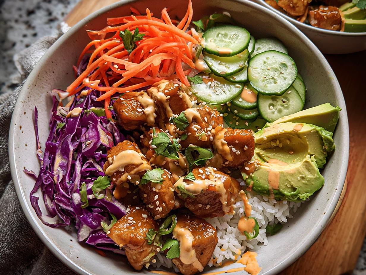 A vibrant Bang Bang Chicken Bowl featuring crispy chicken pieces drizzled with sauce over rice, topped with shredded carrots, cucumbers, avocado, and red cabbage.