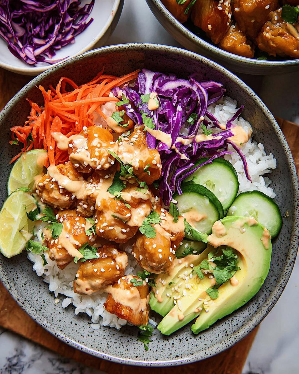 Overhead view of a vibrant Bang Bang Chicken Bowl featuring crispy chicken, rice, avocado, and colorful vegetables.