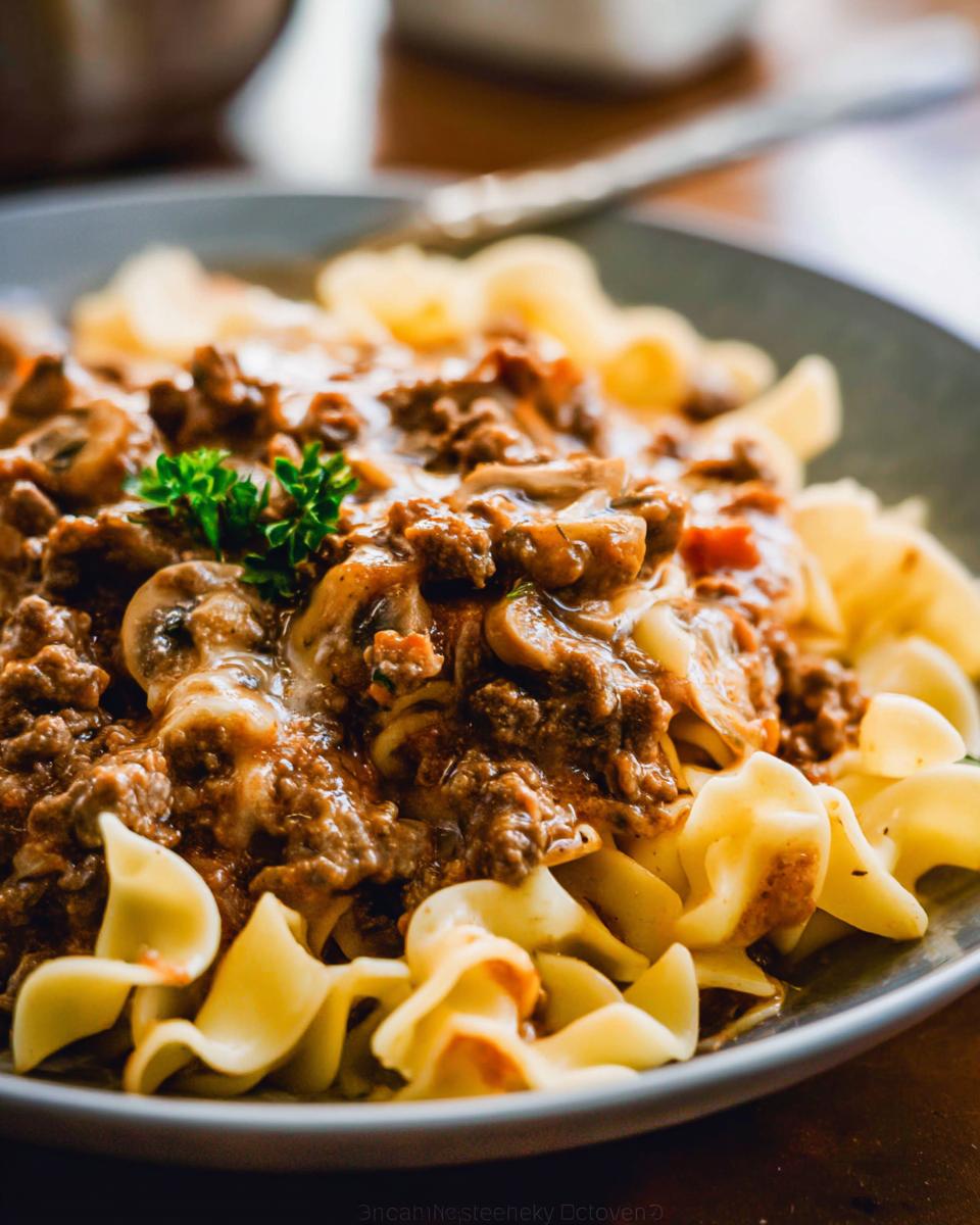 Close-up of a serving of rich beef mixture with mushrooms served over egg noodles, not a Beef Enchilada Casserole.