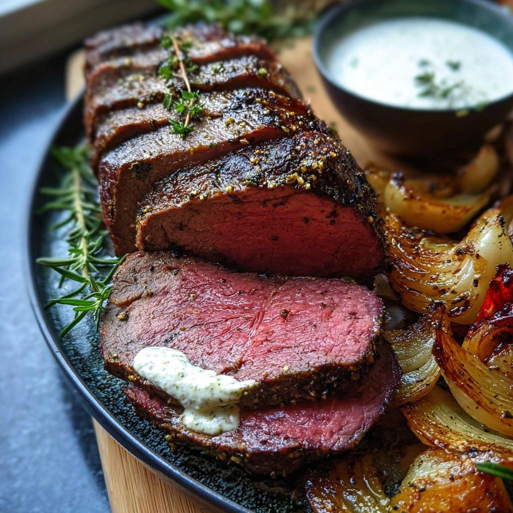 Close-up of sliced Beef Tenderloin Roast with a vibrant pink center, seasoned with herbs, served with roasted onions.