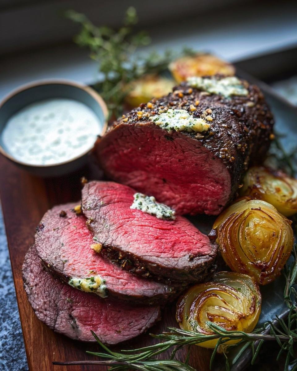 Slices of medium-rare Beef Tenderloin Roast topped with melting garlic herb butter, served with roasted onions.
