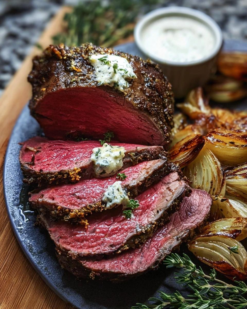 Slices of medium-rare Beef Tenderloin Roast with Garlic Herb Butter melting on top, served with roasted onions.