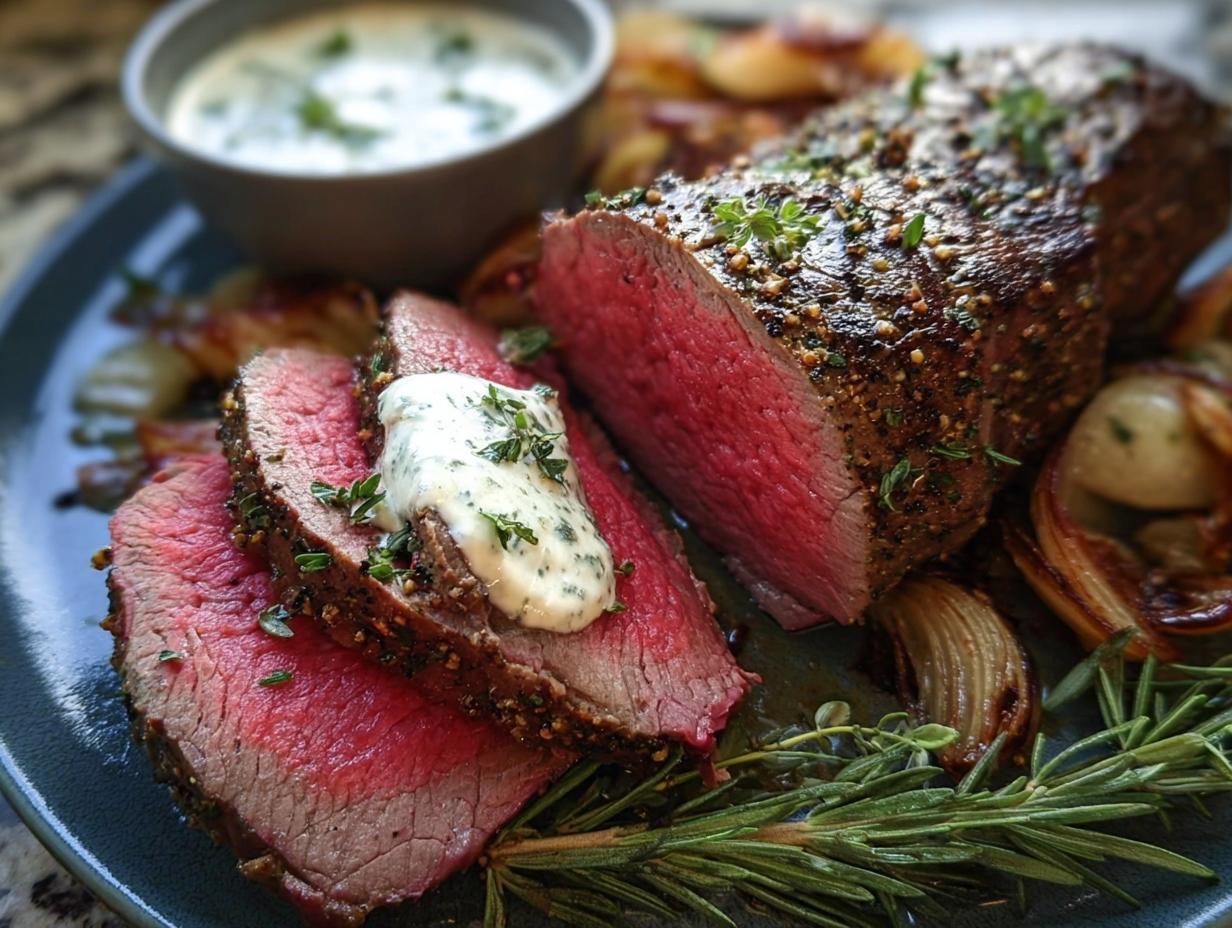 Slices of medium-rare Beef Tenderloin Roast with Garlic Herb Butter melting on top, served with roasted onions and rosemary.