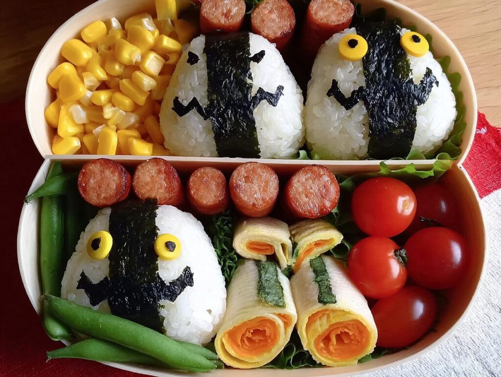 A festive Bento-Style Spooky Breakfast Box filled with onigiri shaped like ghosts, sausages, corn, cherry tomatoes, and rolled omelets.