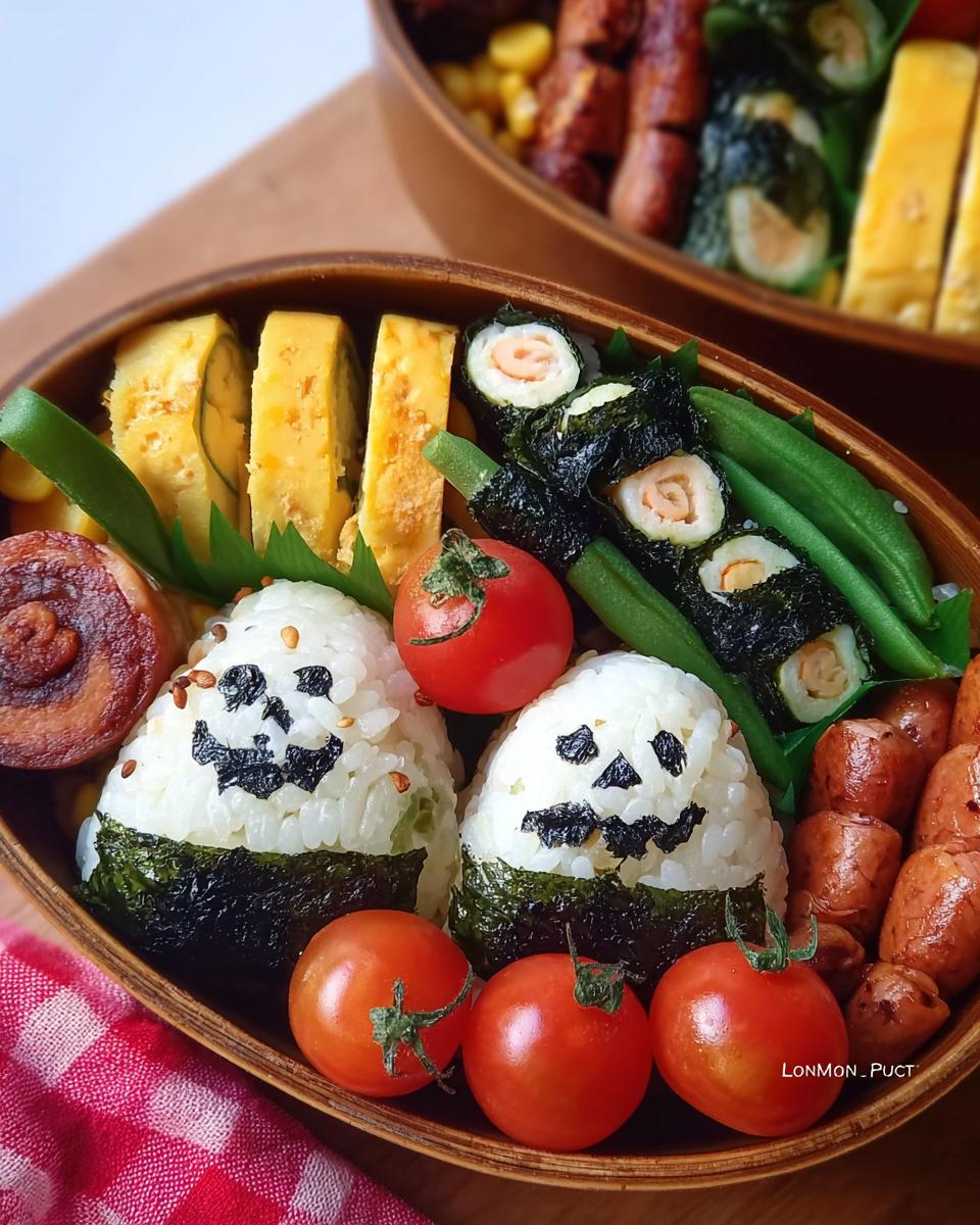 A Bento-Style Spooky Breakfast Box featuring two ghost-shaped onigiri with nori faces, tamagoyaki, and cherry tomatoes.