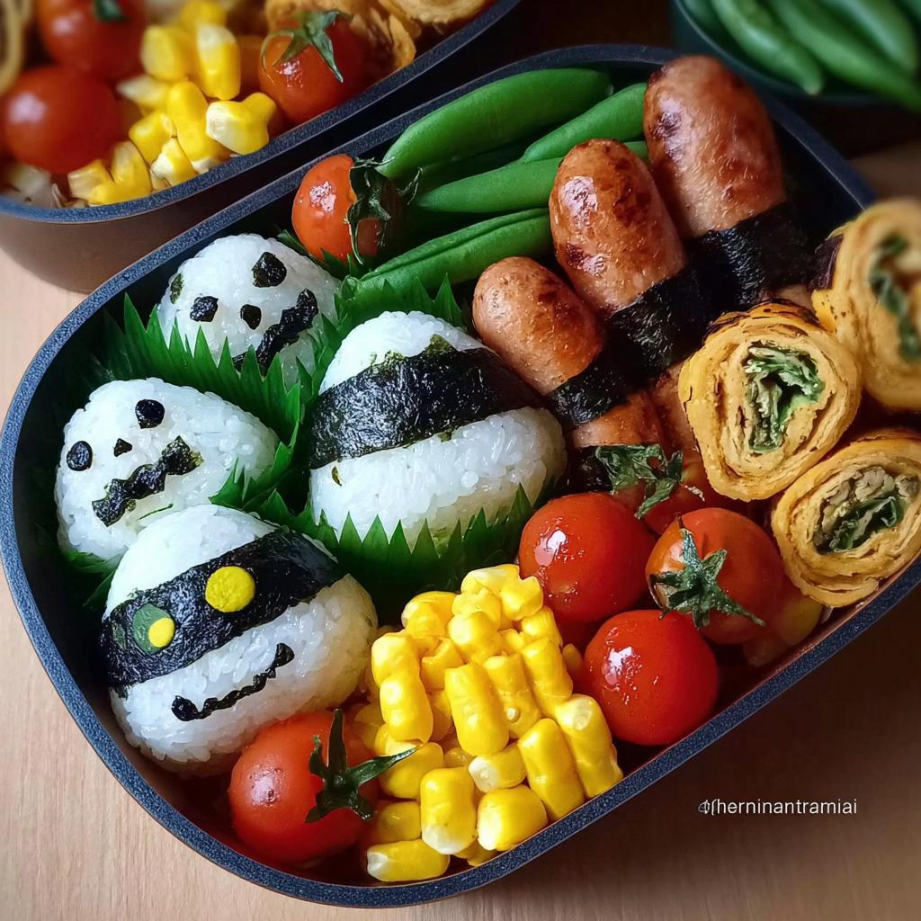 A Bento-Style Spooky Breakfast Box filled with fun Halloween-themed onigiri, sausages, tamagoyaki, corn, and cherry tomatoes.